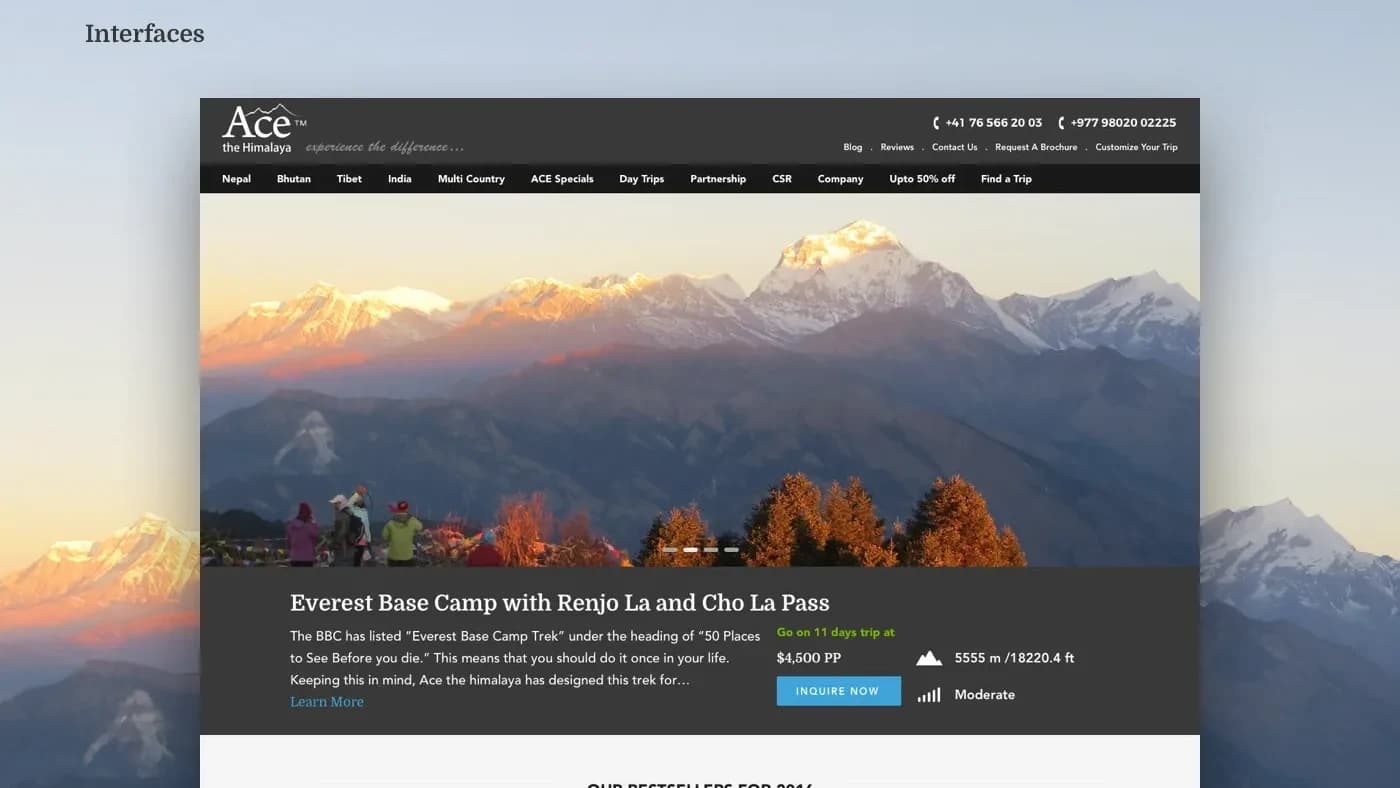 The home page: a featured trek with price, altitude and difficulty, over a Himalayan panorama