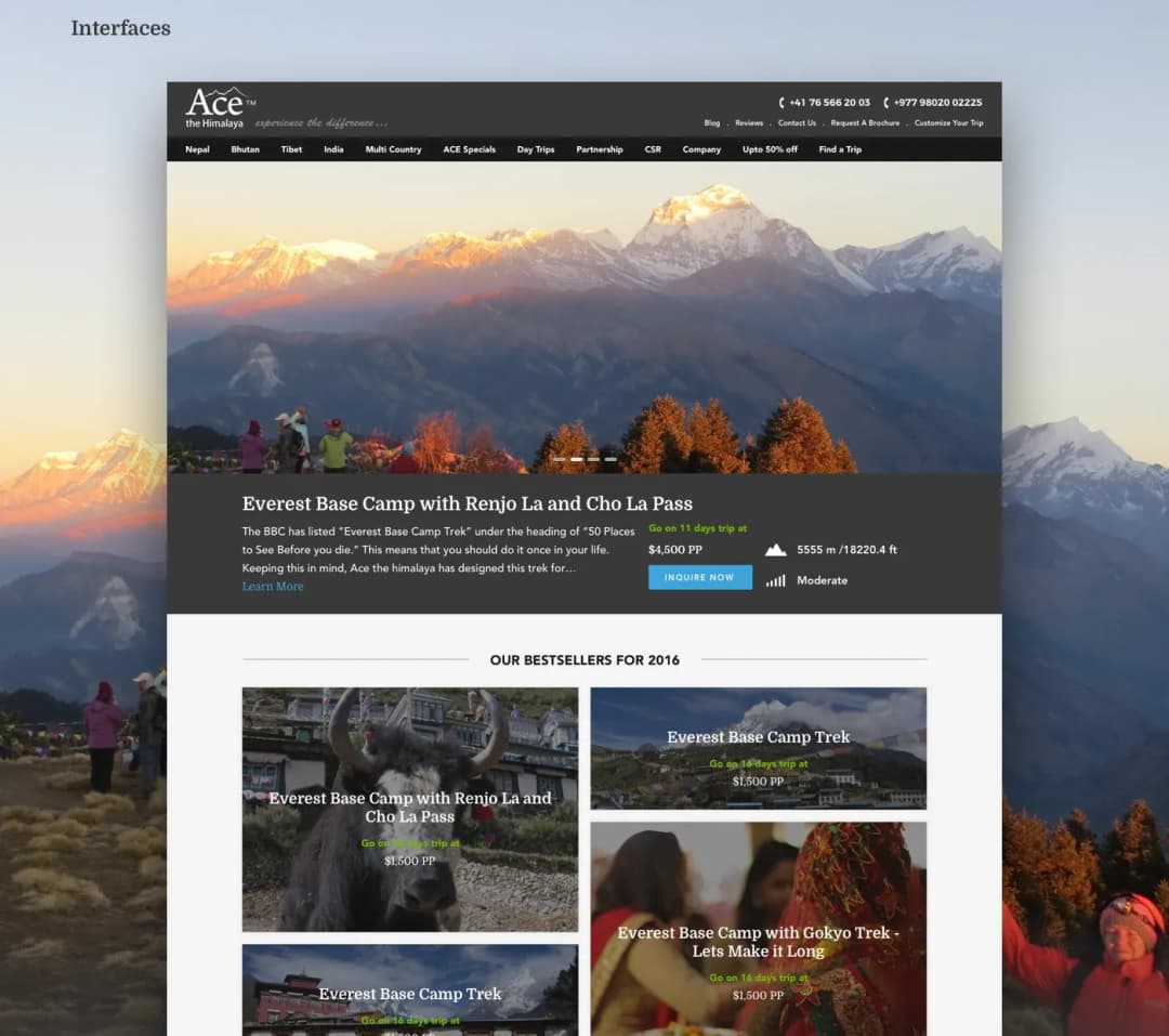 The home page with the country navigation and a featured trek