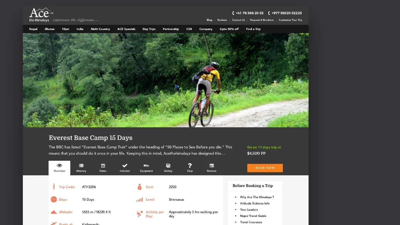 A trip page with tabbed sections and the trip facts panel