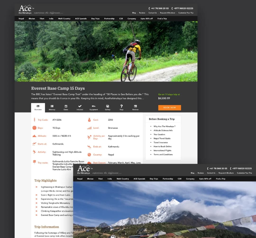 The trip page facts panel: trip code, cost, days, grade, altitude and daily walking hours