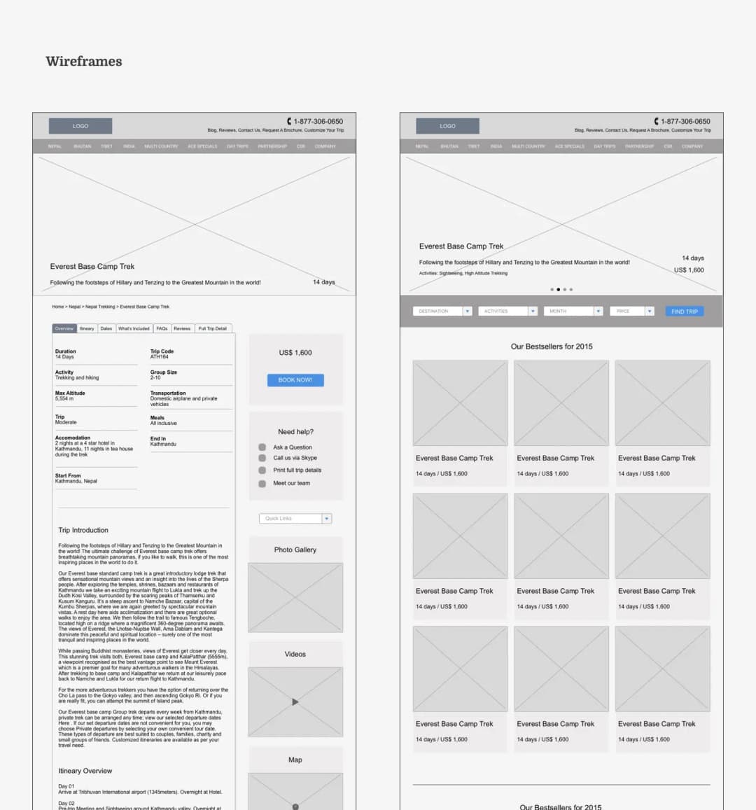 Annotated wireframes for the home page and the trip detail page