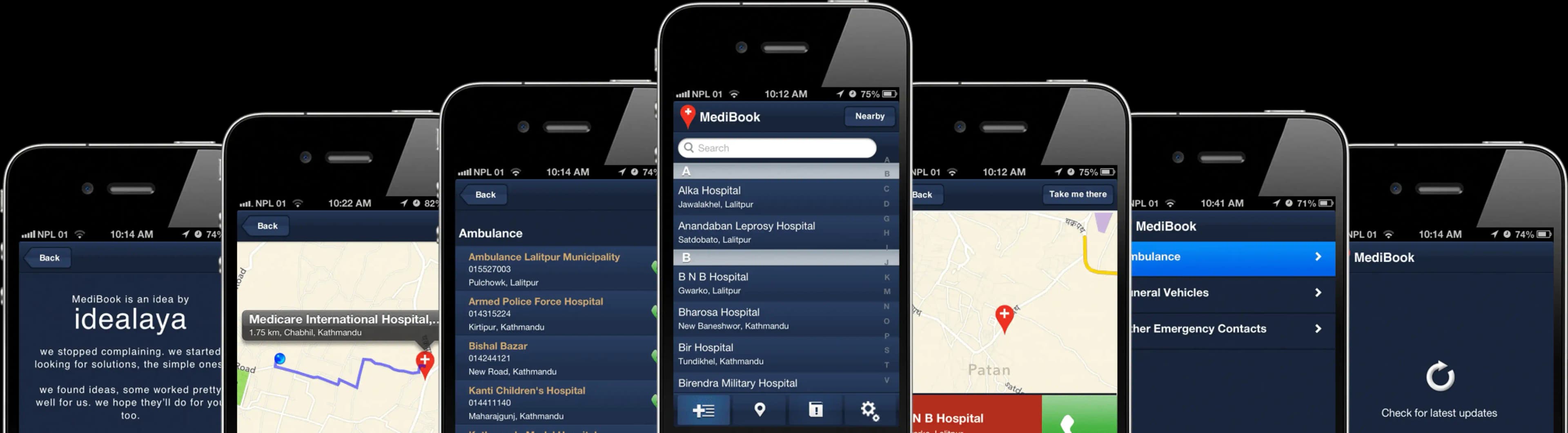 Six Medibook app screens: hospital list, map directions and emergency contacts