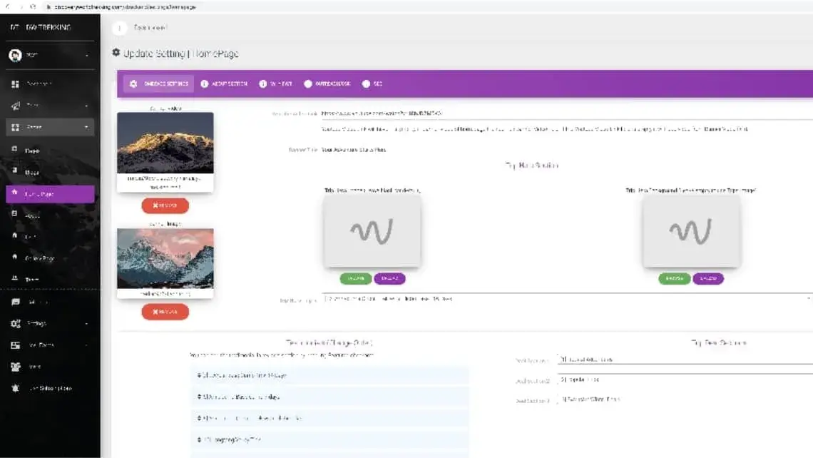 Discovery World Trekking admin dashboard, home page settings screen