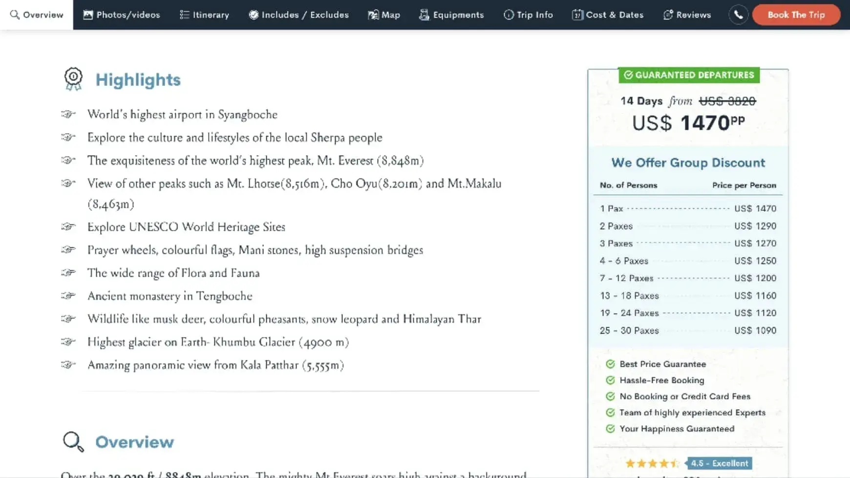 Discovery World Trekking trip page: highlights list and price table