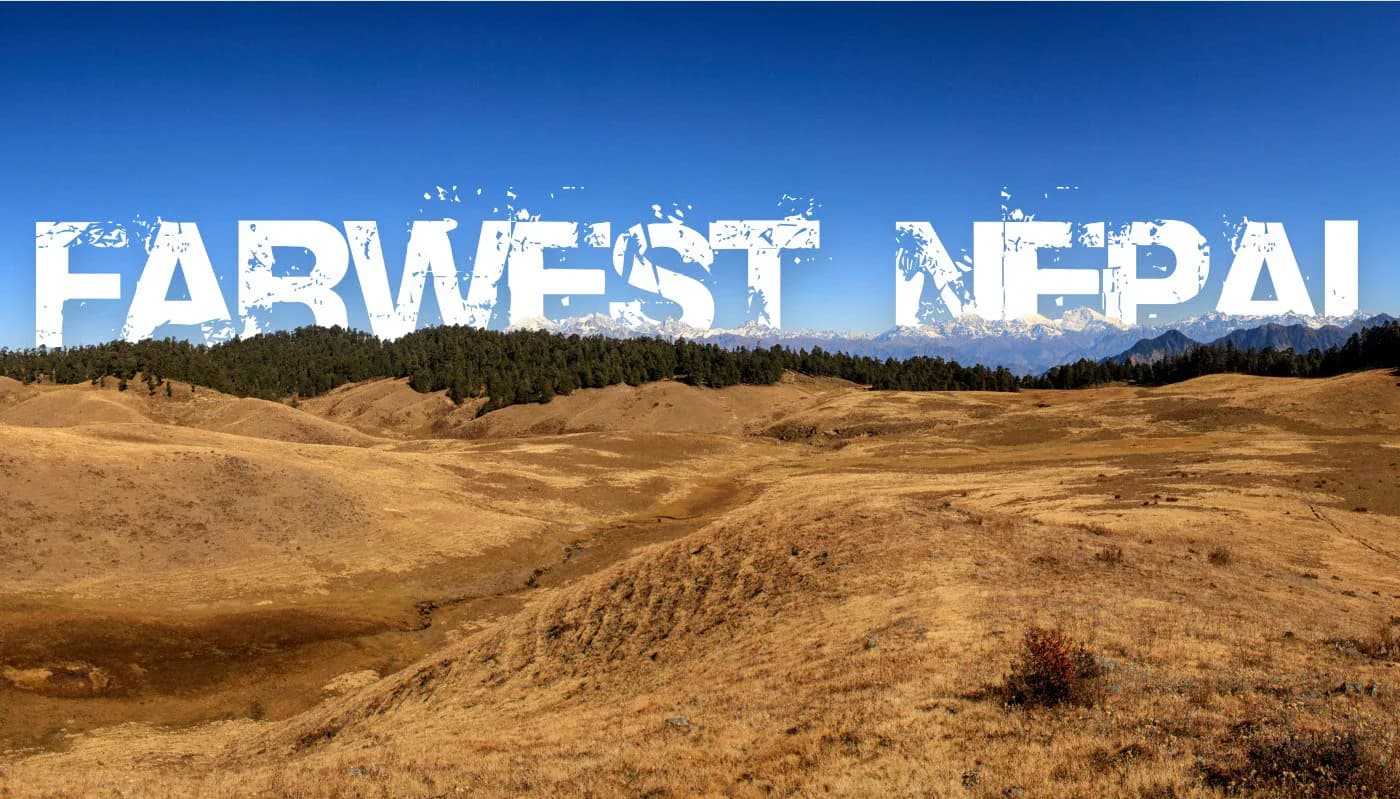 Far West Nepal wordmark set over the Khaptad landscape