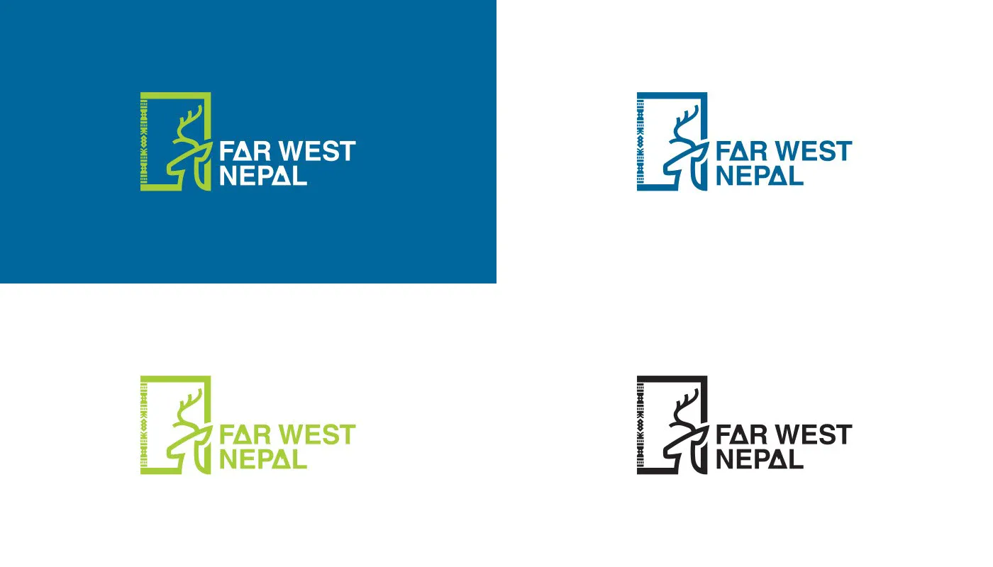 The Far West Nepal logo in four lockups: reversed on blue, blue, green and black
