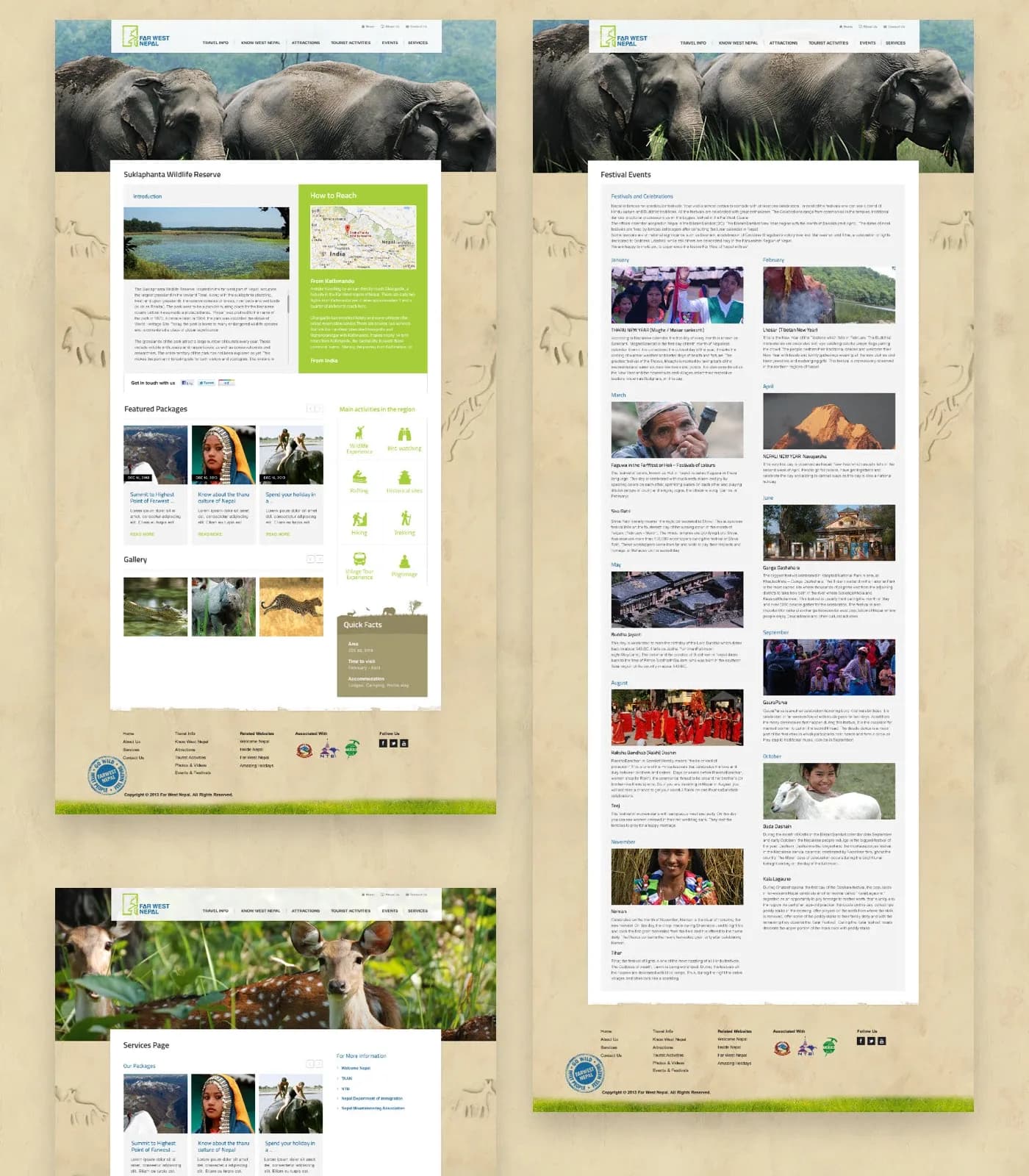 Inner pages: Suklaphanta Wildlife Reserve, the festivals calendar and a services page