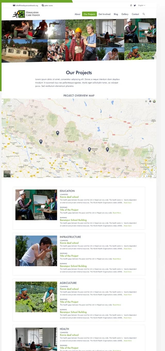 The Our Projects page: a map of Nepal with project pins, and projects grouped by sector