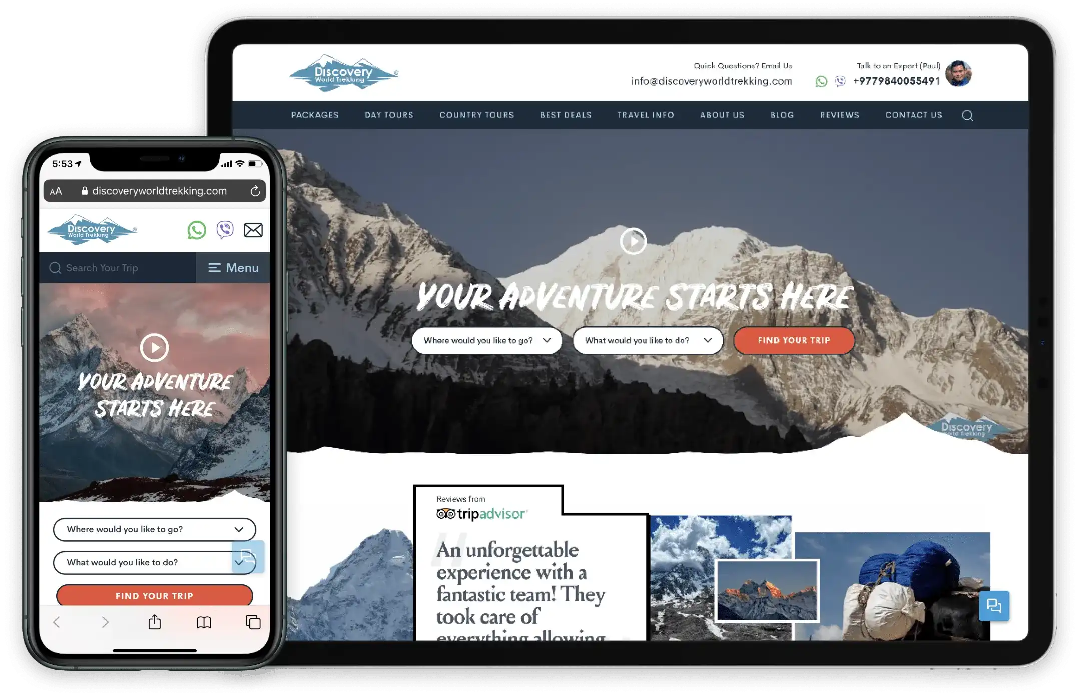 Discovery World Trekking home page on a tablet and a phone