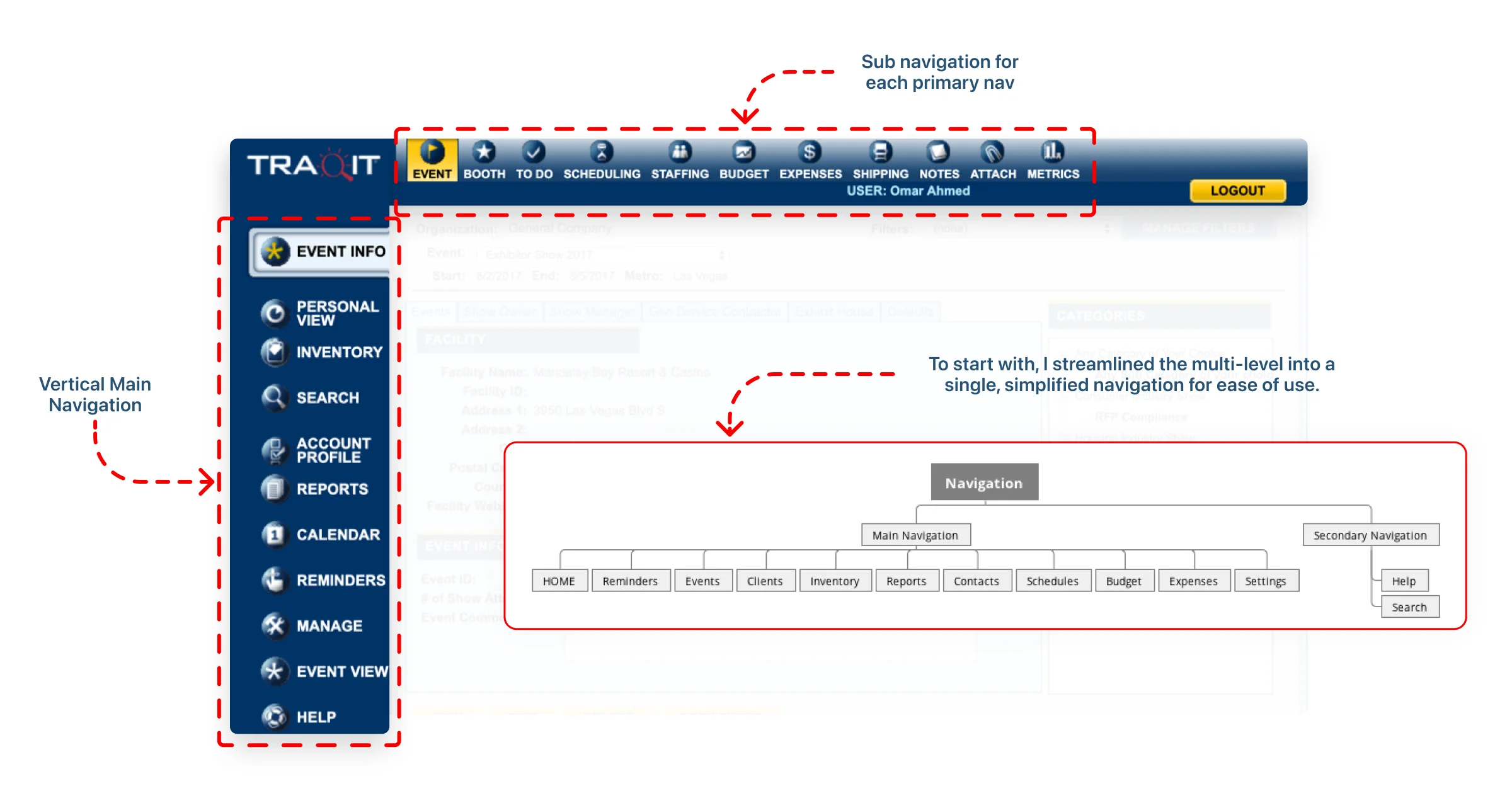 Navigation structure before and after simplification.