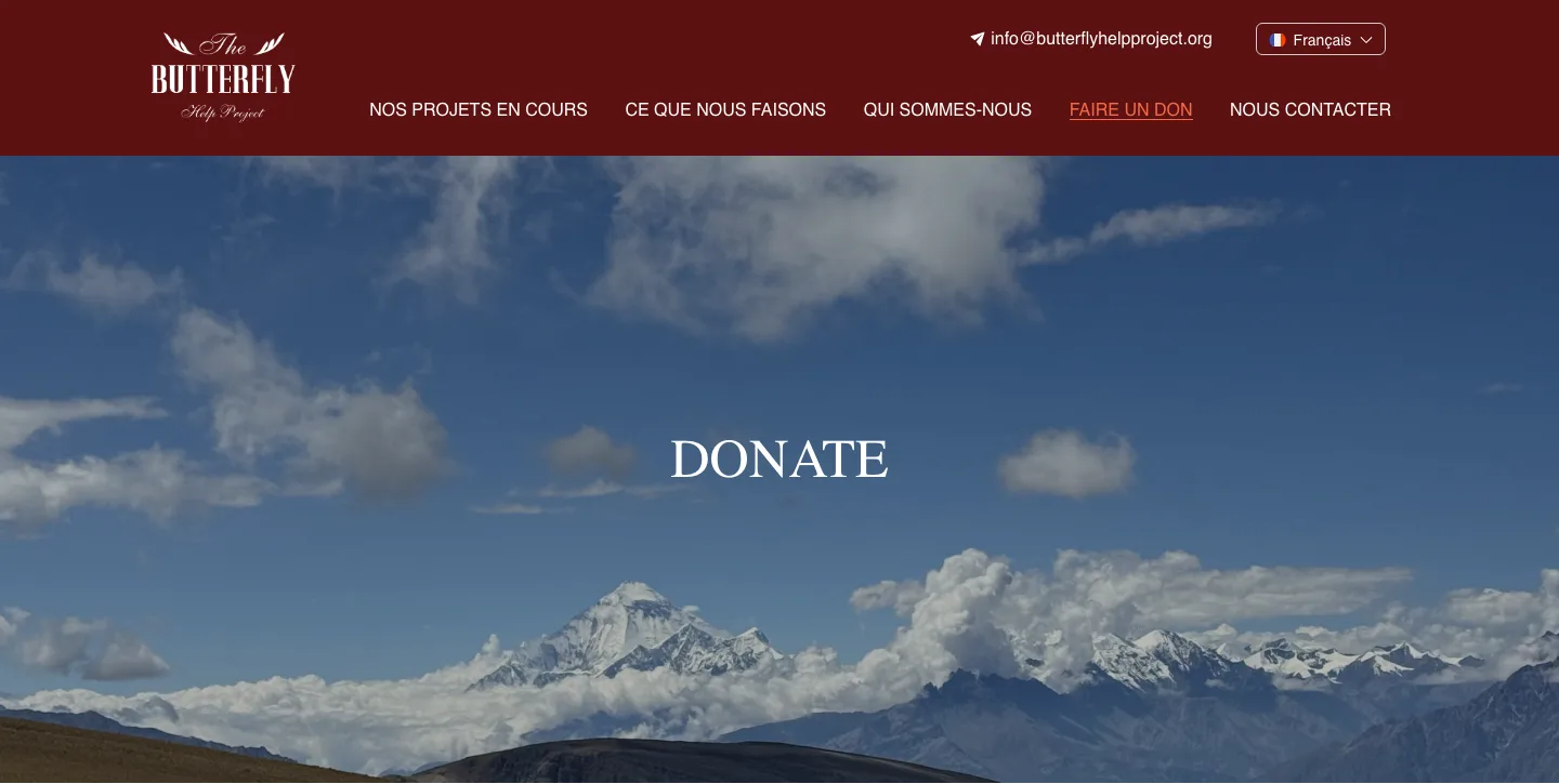 The donate page in French: the same header and photograph, with the menu in French and the language switch set to French.