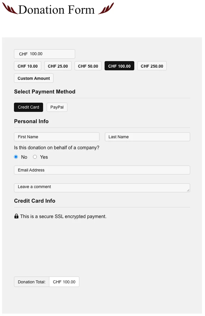The donation form: amounts from 10 to 250 Swiss francs or a custom amount, a choice of credit card or PayPal, name and email fields, and the donation total.