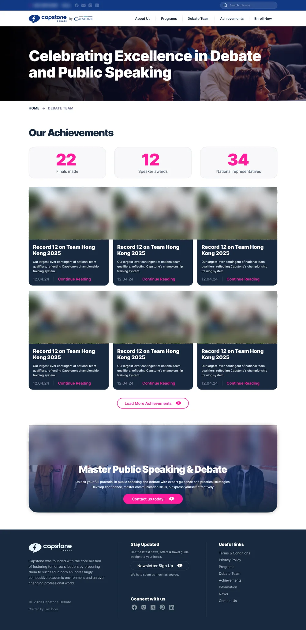 The achievements page design: three figures for finals, speaker awards and national representatives, then a grid of achievement cards and a button to load more.