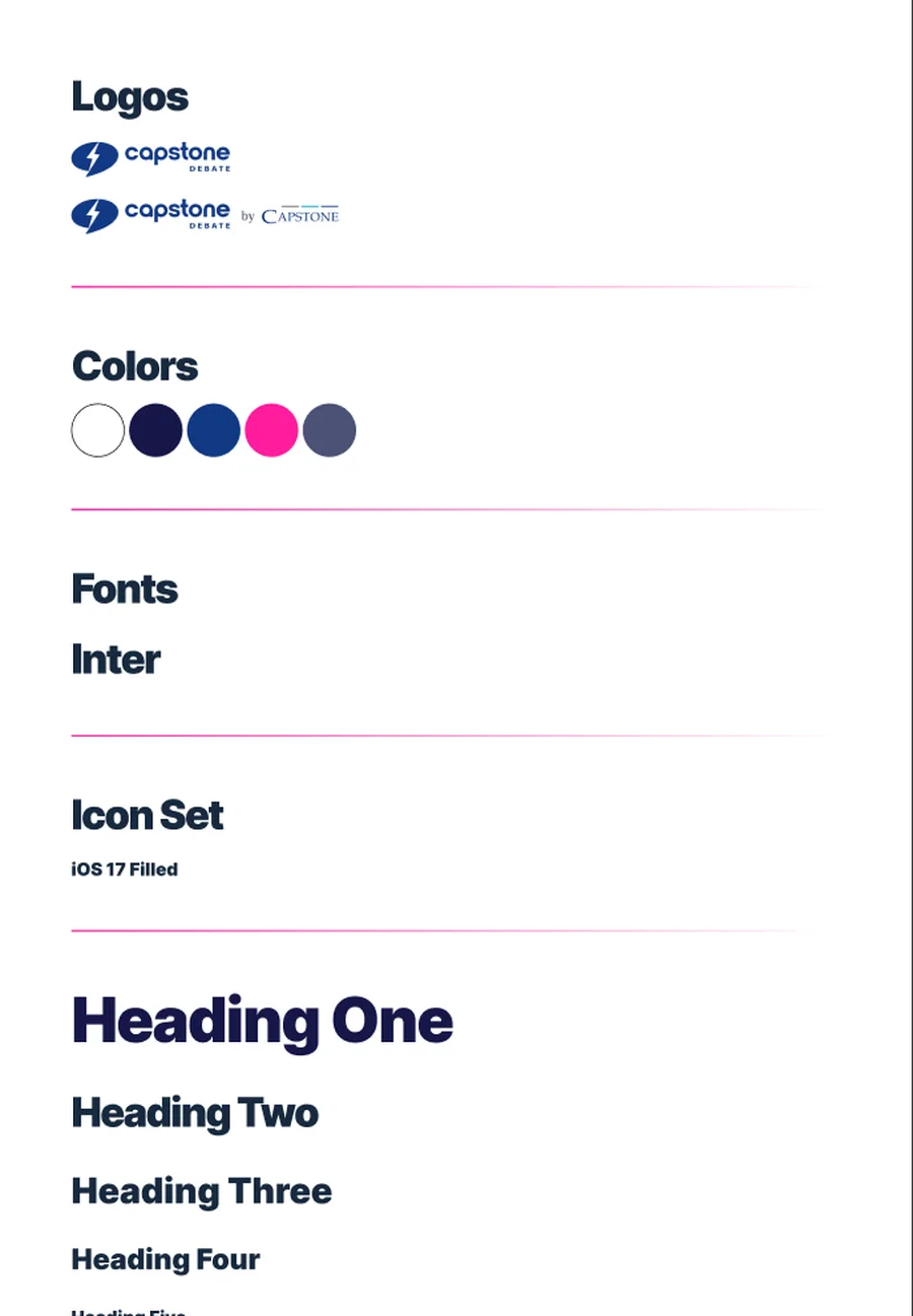 The brand sheet: the Capstone logos, five colours, the Inter typeface and the icon set.