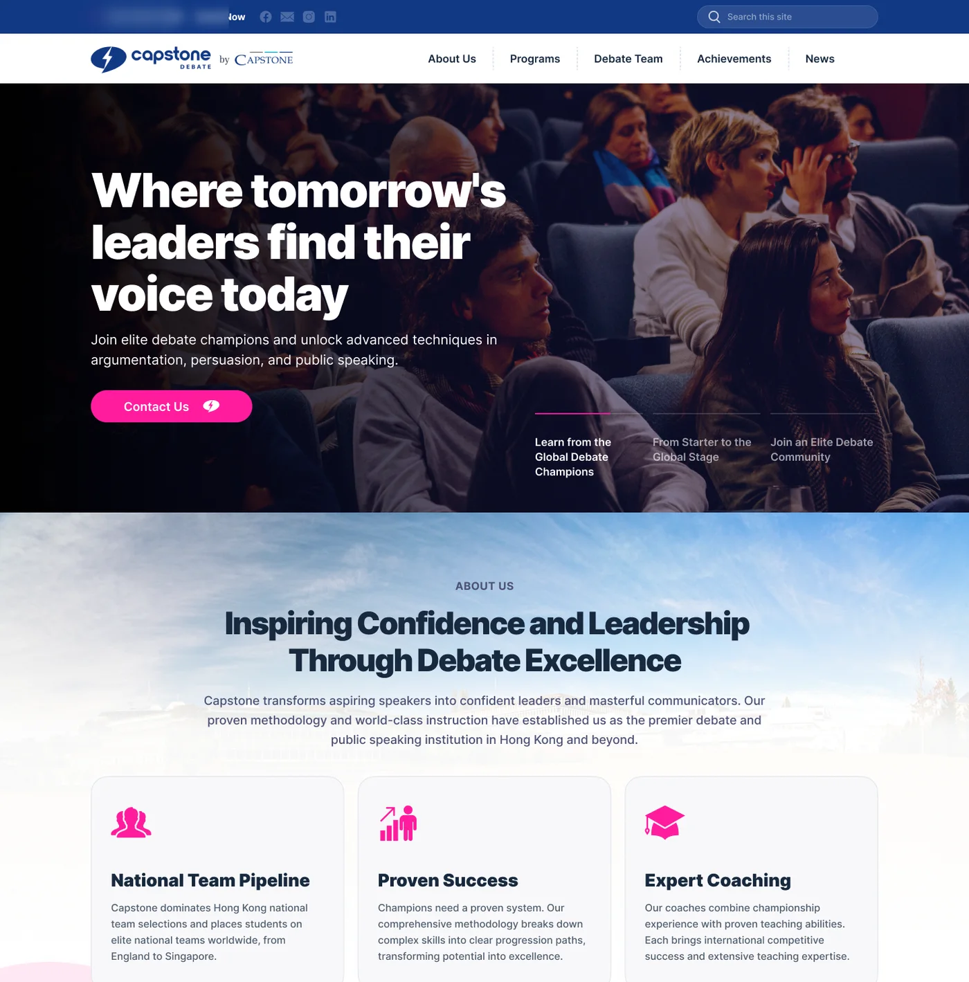 The home page design: the headline over an audience in a debate hall, a button to get in touch, then three cards on the school's national team pipeline, results and coaching.
