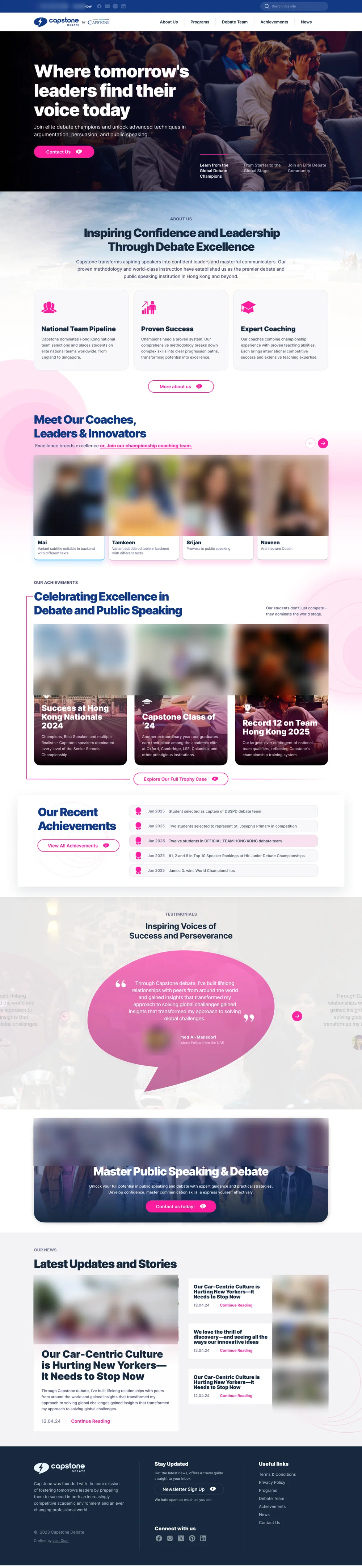 The whole home page design: the hero, the school's strengths, coaches, achievements, recent results, a testimonial, a call to enrol, news and the footer.
