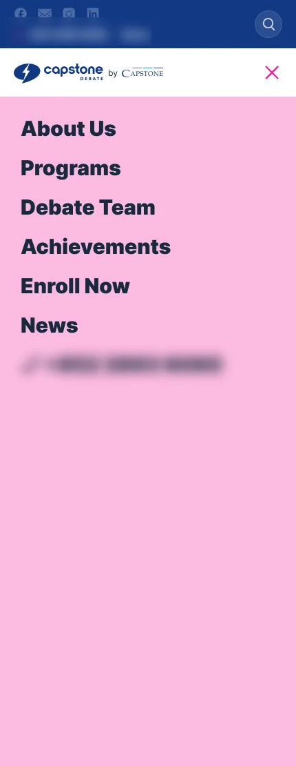 The mobile menu design, with the main pages, search and the button to enrol.