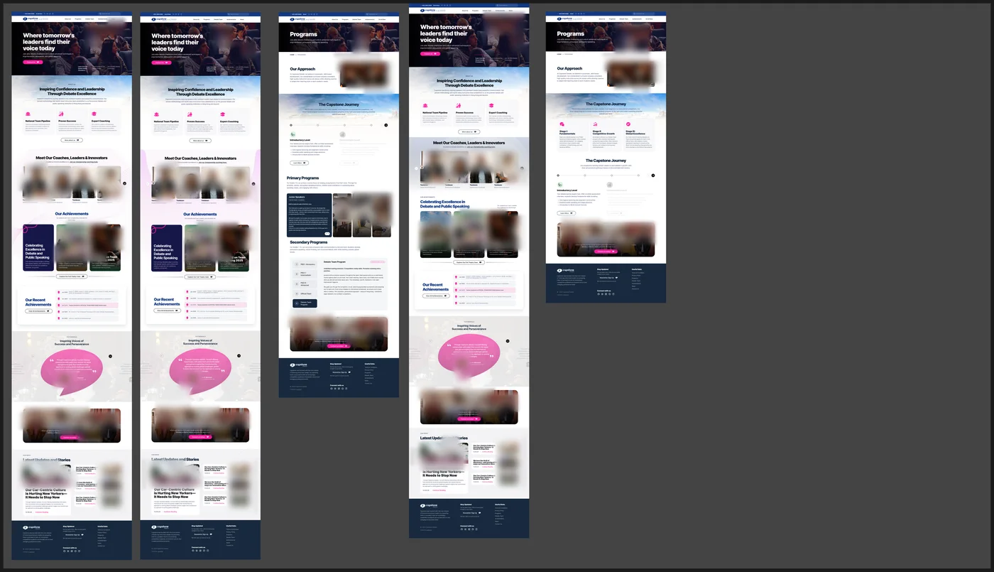 Five page designs from the 2025 redesign side by side: three home page variations and two programme pages.
