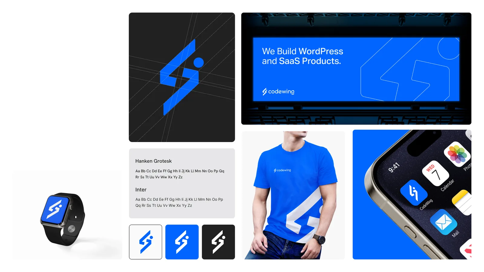 Mockups of the new identity: the mark on a construction grid, an event screen reading We Build WordPress and SaaS Products, a watch, a blue T-shirt, a phone app icon and three icon tiles.