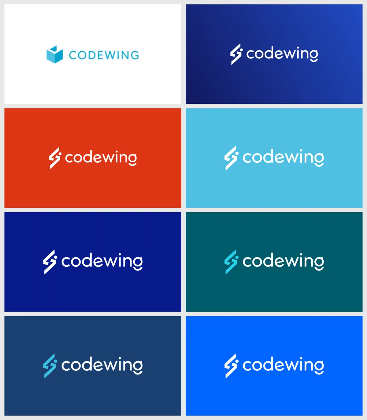 The old cube logo on white, then the new logo in white on a blue gradient, red-orange, sky blue, royal navy, teal, slate navy and the final bright blue, in 8 panels.