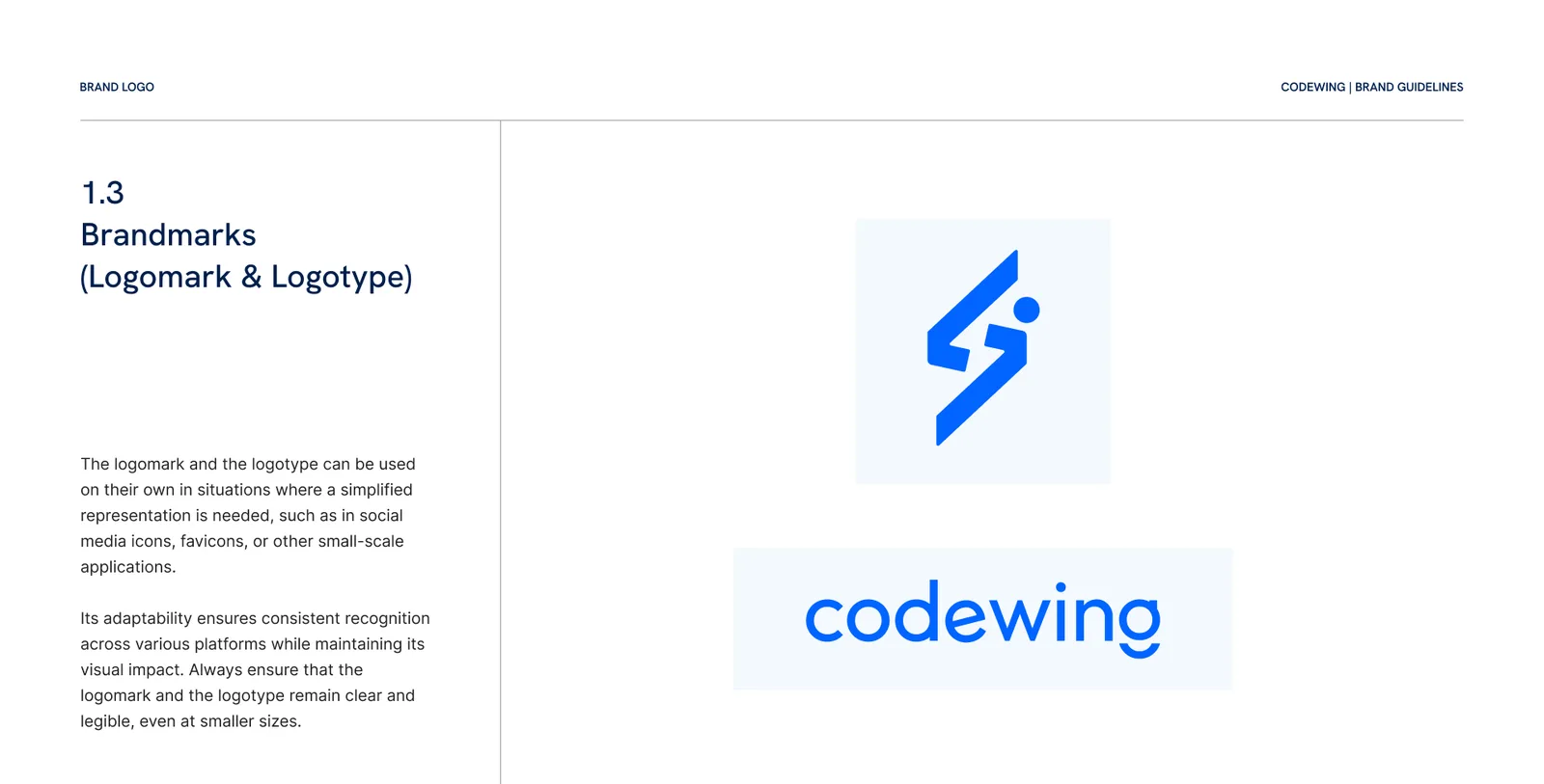 A guide page headed Brandmarks: the mark alone in blue on a pale square, and the name alone in blue below it.