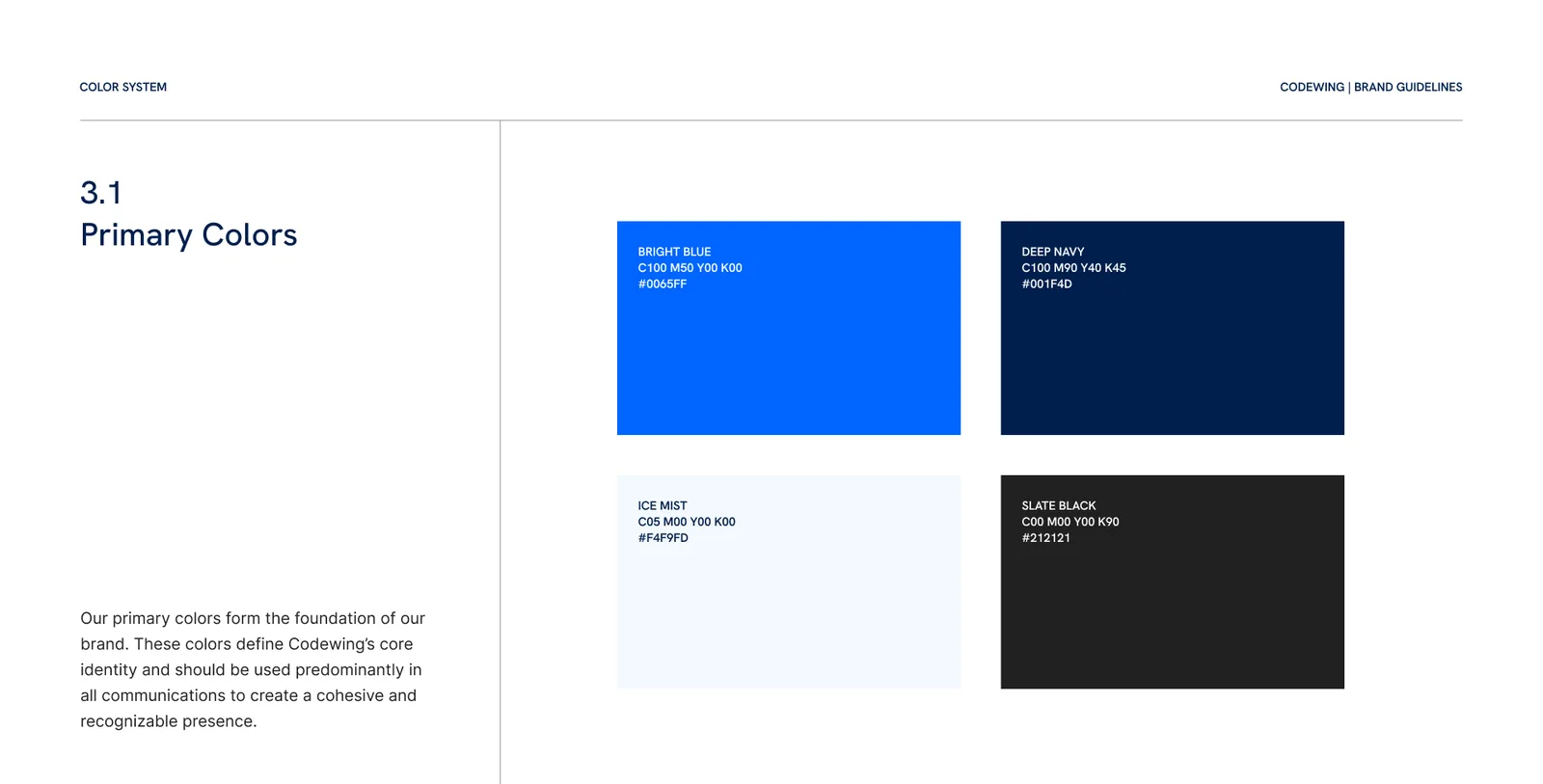 The guide's page of primary colours: bright blue, deep navy, ice mist and slate black, each with its CMYK and hex values.