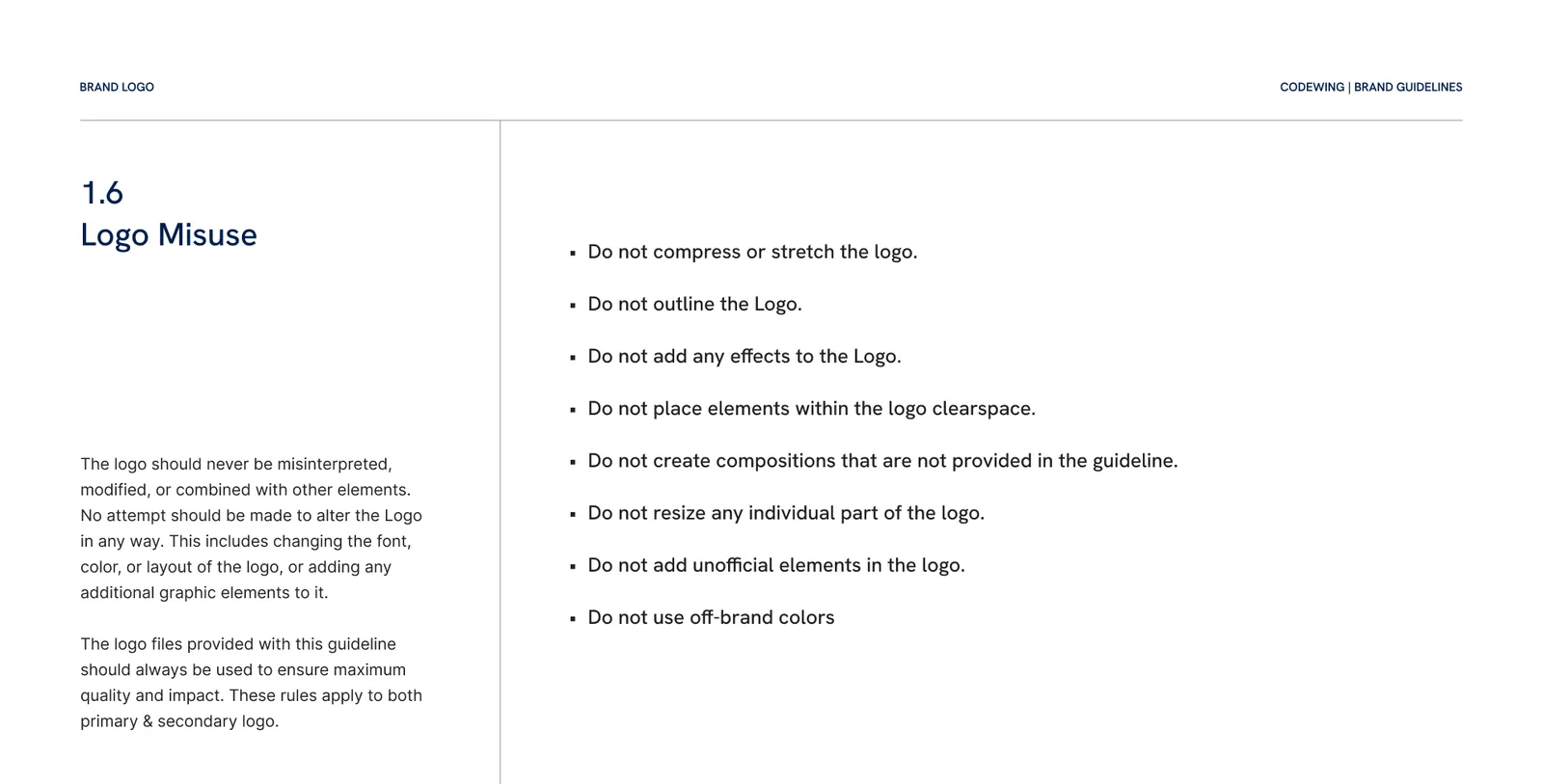 A guide page headed Logo Misuse, listing 8 rules such as do not stretch the logo, do not outline it and do not use off-brand colours.