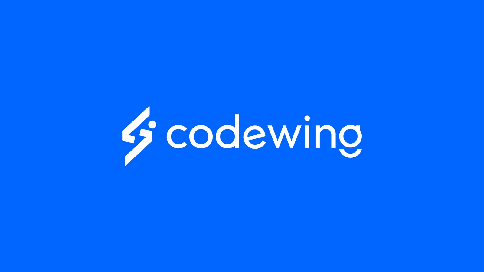 The Codewing logo in white on bright blue: a slanted mark with a dot beside it, and the name in lower case.