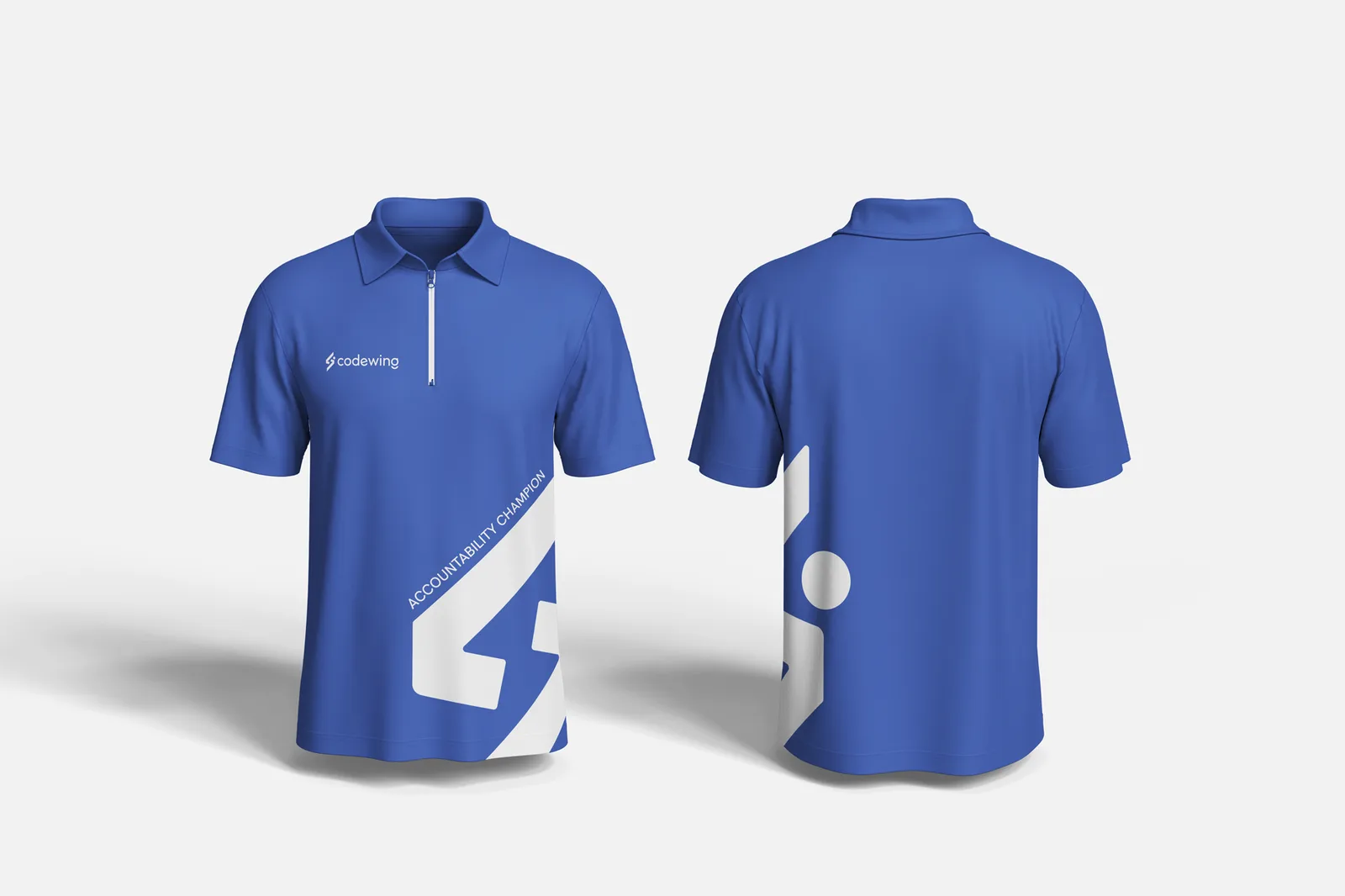 A blue zip-collar polo, front and back, with the logo on the chest and the mark in white running up the side.