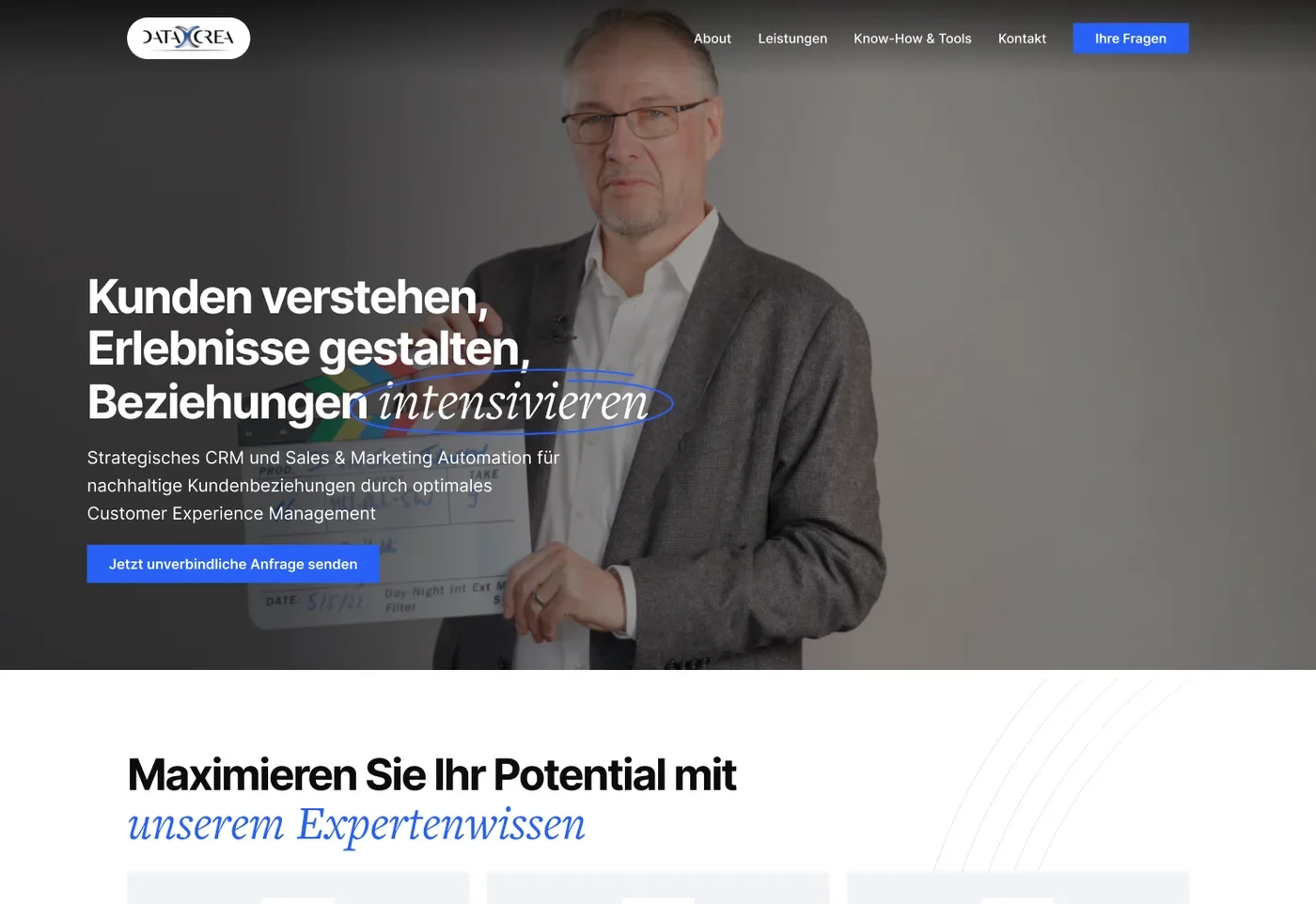 The datacrea.ch home page design: the founder holding a film clapper behind the headline about understanding customers and shaping their experience.