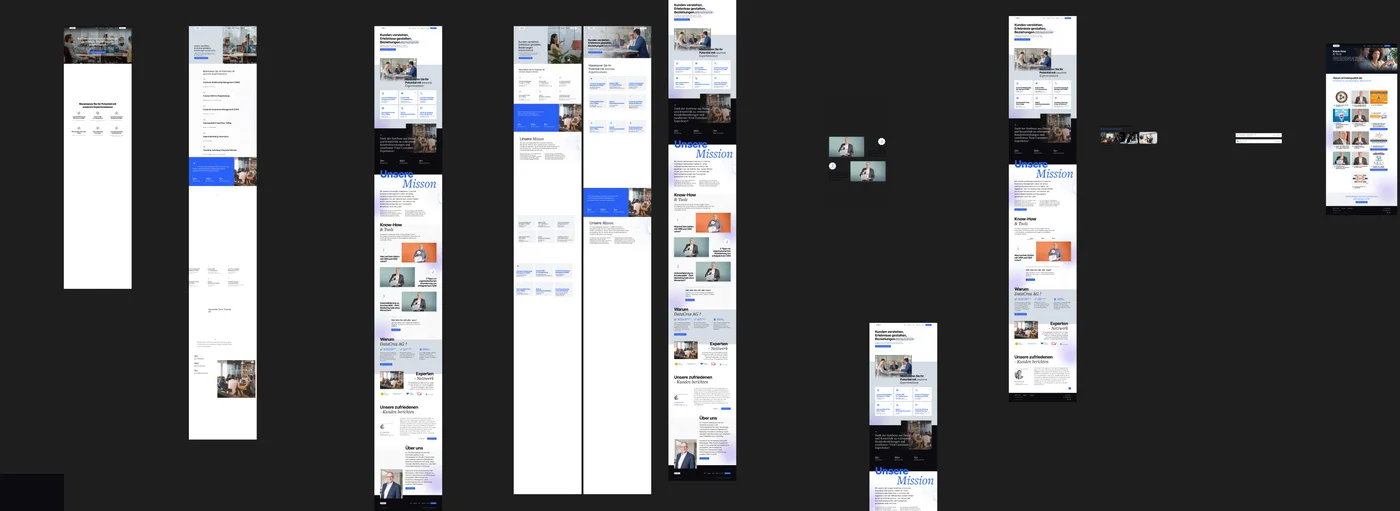 About twenty early design explorations side by side, in dark and light directions, several of the home page at full length.