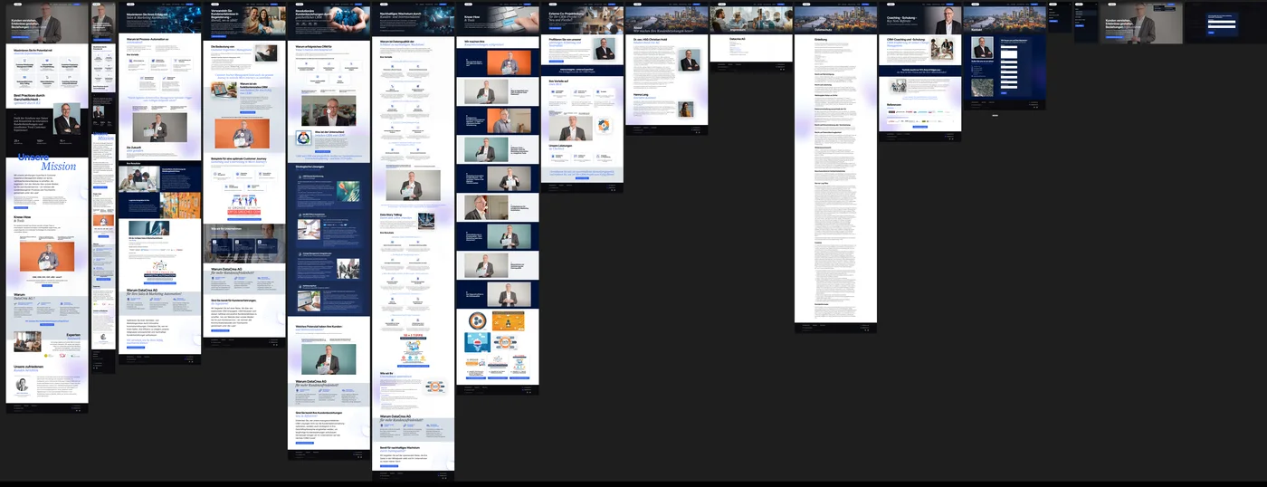 The fifteen final page designs side by side, from the home page and the service pages to contact and the legal pages.