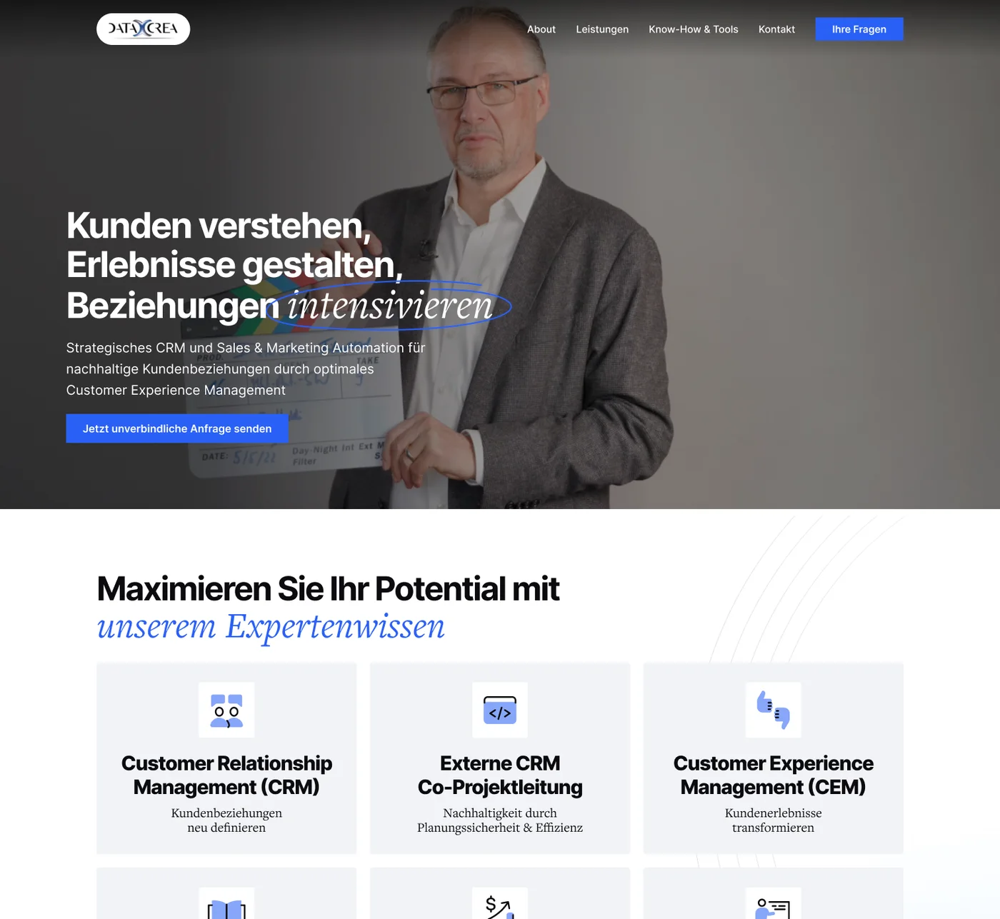 The home page design: the founder holding a film clapper behind the headline about understanding customers, then six services as cards, from CRM to coaching.