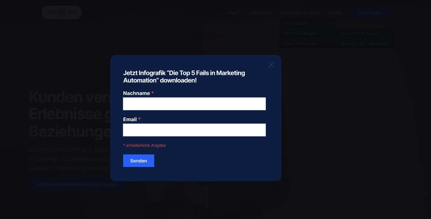 The pop-up design: a dark panel asking for a name and email to download a guide, with a send button.