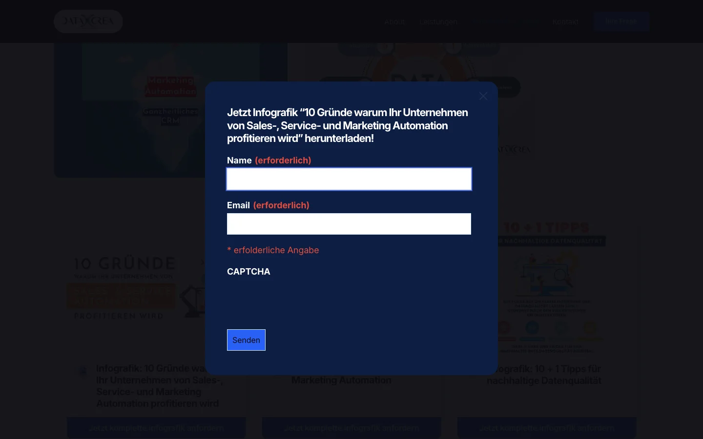 The live form open over the guides: ten reasons a company gains from sales, service and marketing automation, with name, email and a captcha.