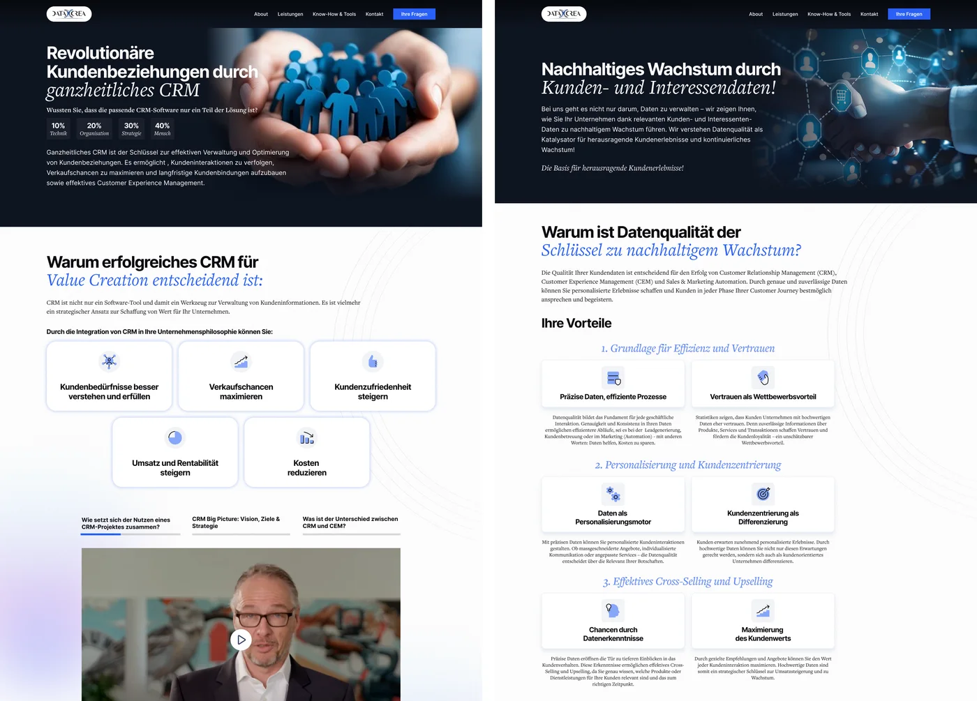 Two service page designs side by side: CRM, and growth through data quality, each opening on a large image and a headline.