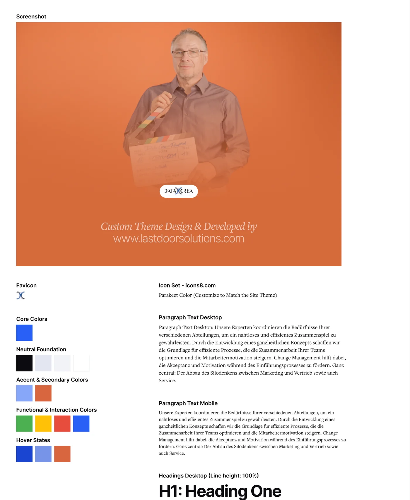 The style guide: the site's share image crediting the theme's design and development to lastdoorsolutions.com, the colours, and the text and heading styles.