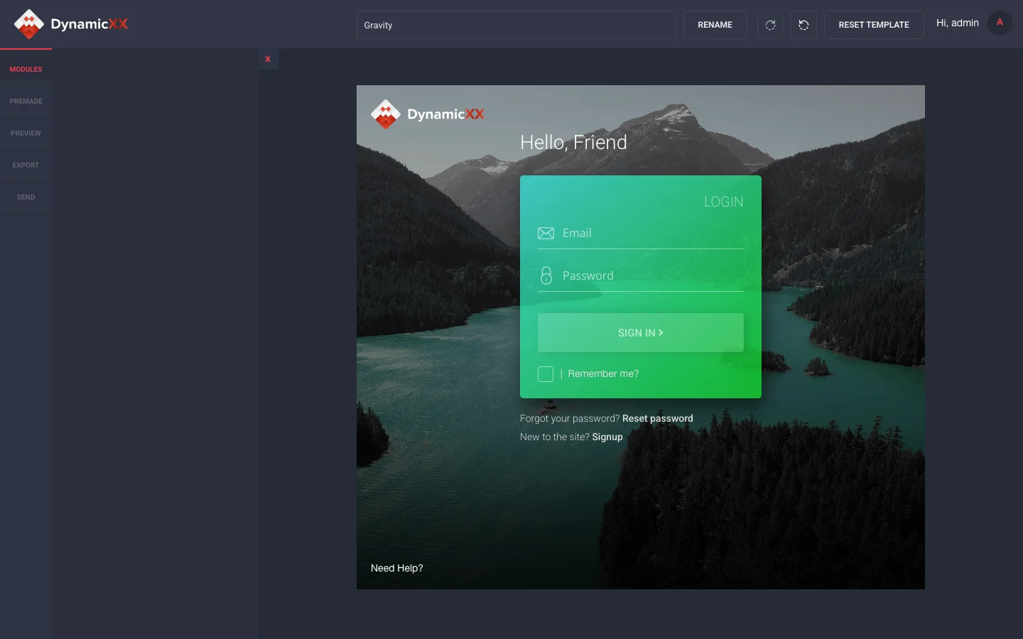 The builder editing a template named Gravity: a menu of modules, premade modules, preview, export and send on the left, the template in the middle, and rename, undo, redo and reset at the top.