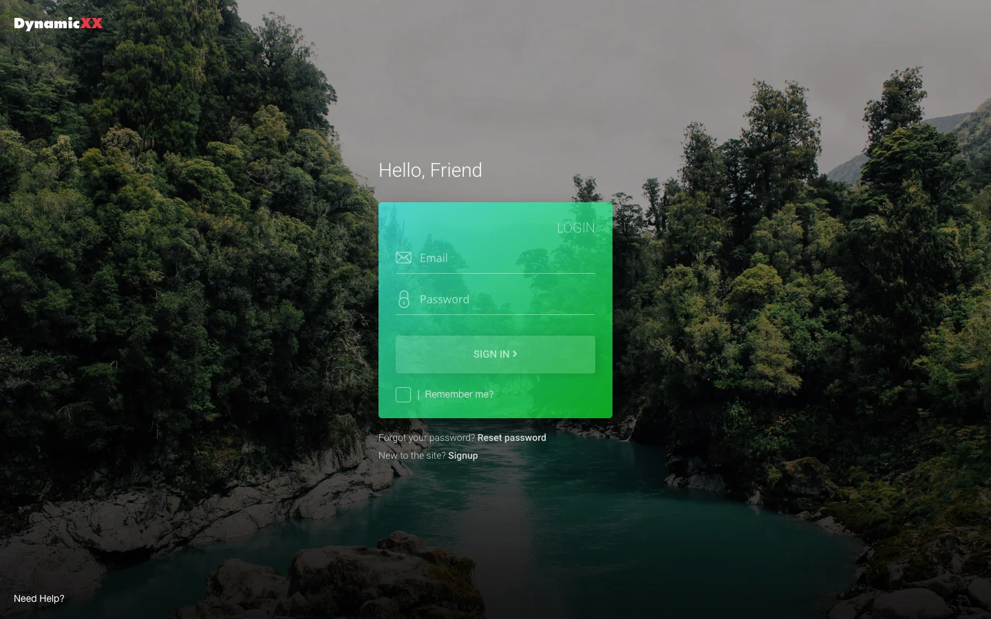 The live builder's sign-in page in August 2019: Hello, Friend, a green sign-in box over a forest river, with links to reset a password or sign up.