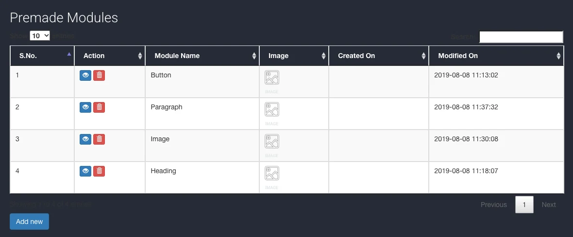 The admin list of premade modules: button, paragraph, image and heading, each with a preview, view and delete actions and the date it was changed.