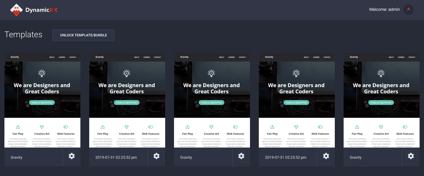 The Templates page: a grid of template cards, each with its name or the date it was saved and a settings button, and a button at the top for entering a purchase code.