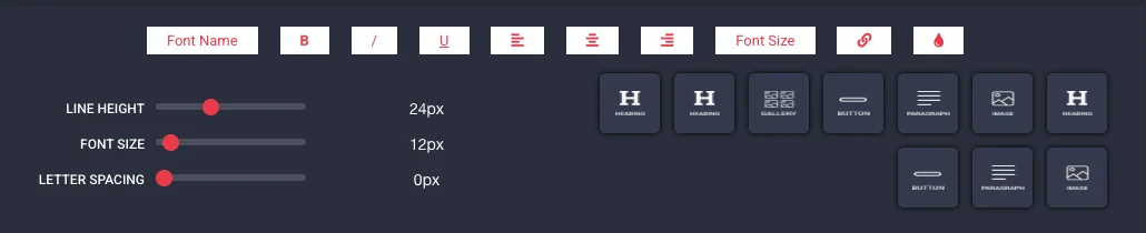 The text editor: font, bold, italic, underline, alignment, size, link and colour, sliders for line height, font size and letter spacing, and module buttons for heading, gallery, button, paragraph and image.