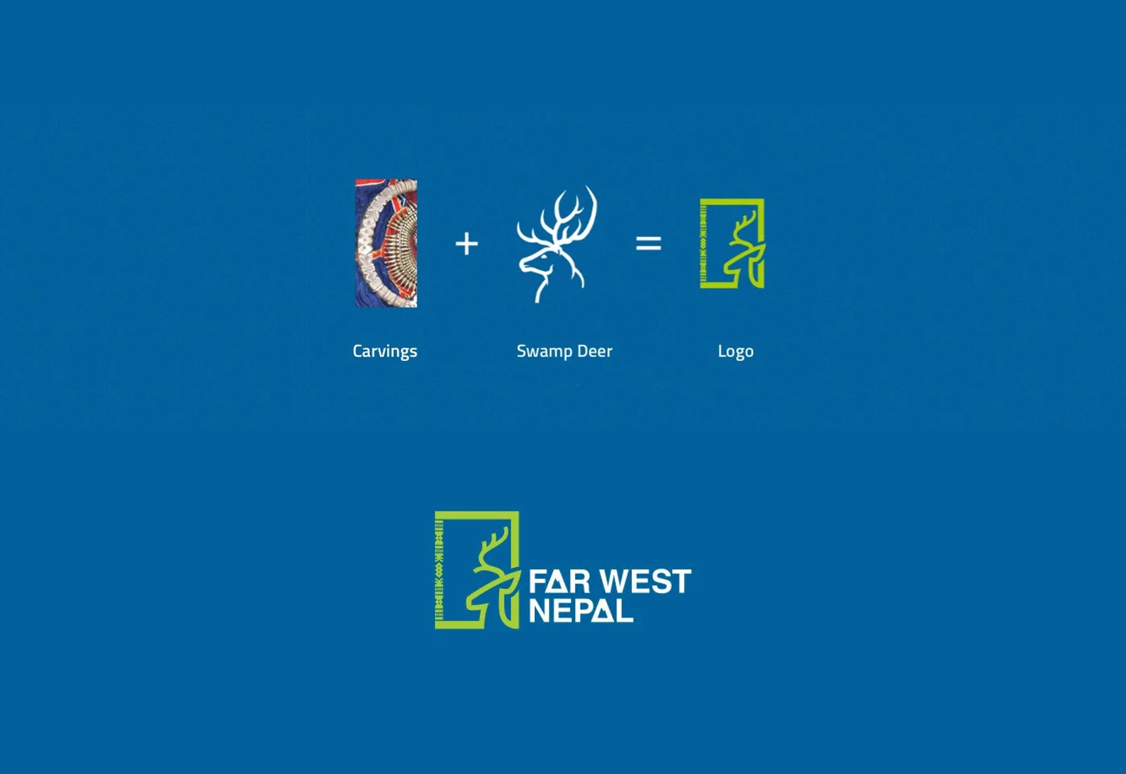 Tharu carvings and the swamp deer combine into the Far West Nepal logo, shown above the full logo