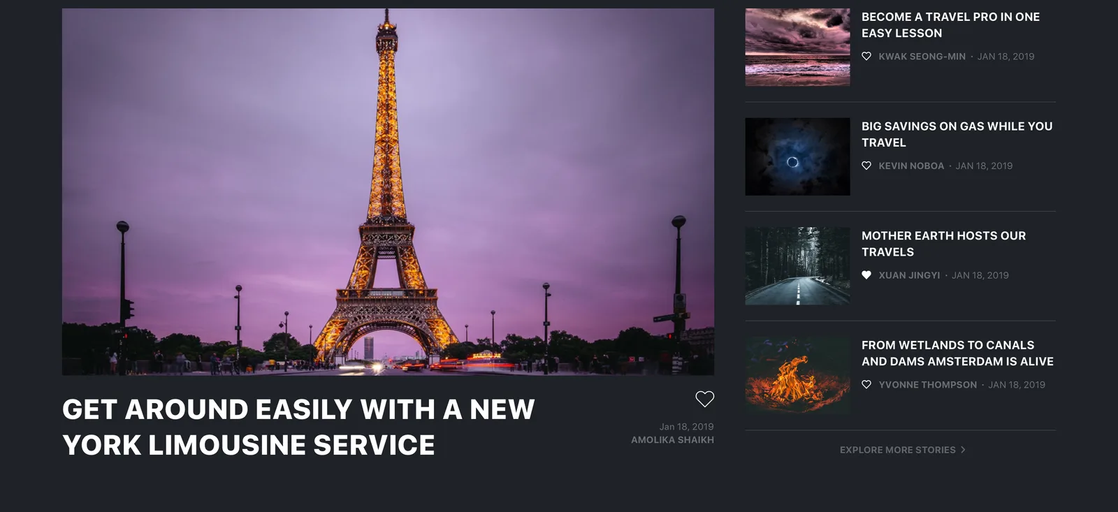 The dark concept: a featured story with a large photograph and a bold uppercase headline, and a column of top stories with small pictures, authors and dates.