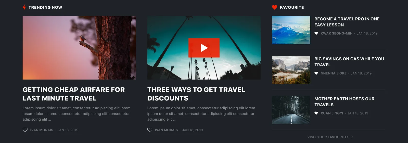 The dark concept's Trending Now and Favourite sections: two large story cards, one a video with a red play button, beside a column of favourite stories with small landscape pictures.