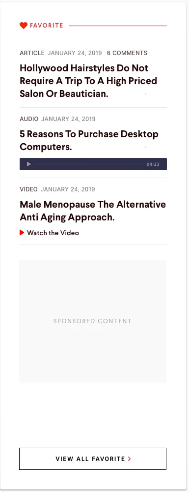 The light concept's favourites column: an article, an audio with a play bar and a video with Watch the Video, each labelled by kind, then a sponsored content slot.