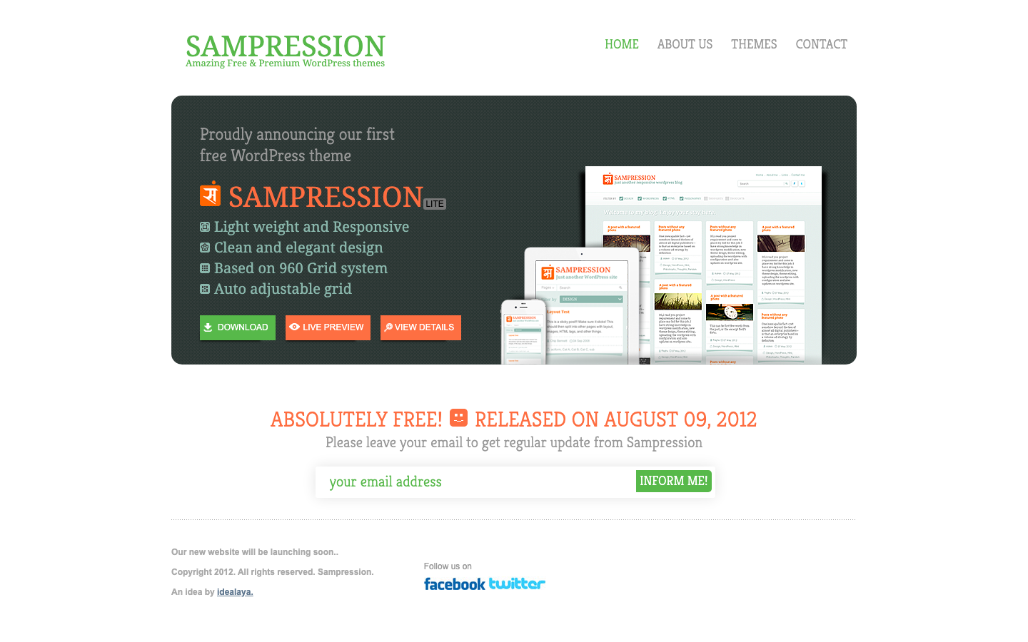 Sampression Lite on desktop, tablet and phone, from a July 2013 archive capture of the WordPress theme website.