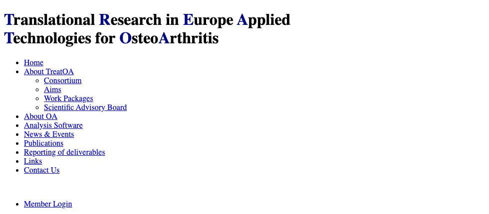 The earlier site's menu as the Web Archive kept it, in April 2013: one long list of twelve links, from About TreatOA to Contact Us, and a separate Member Login.