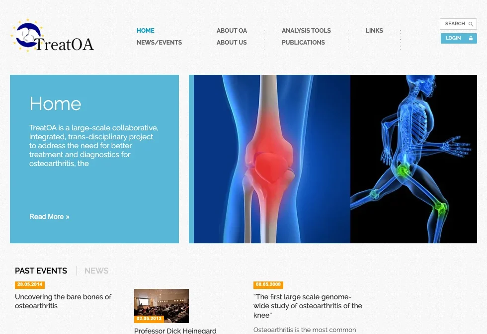The TreatOA home page: the logo and menu above an introduction beside an image of a knee joint.