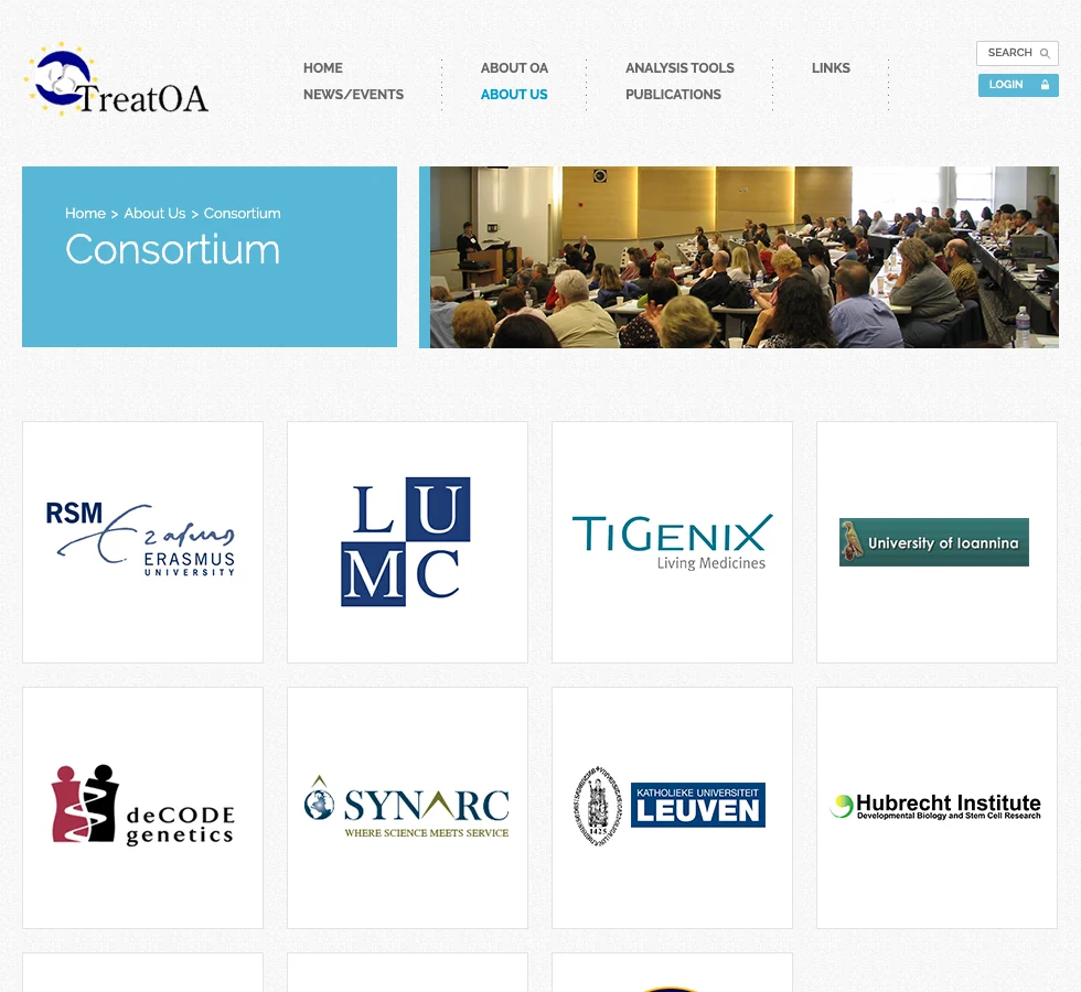 The Consortium page: the logos of member institutions in a grid, including Erasmus University, Leiden University Medical Centre, deCODE genetics and the University of Leuven.